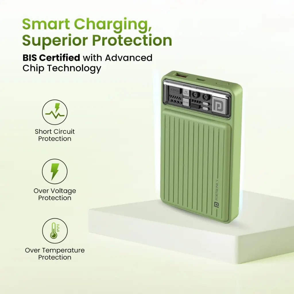 Portronics Luxcell Mini 10K 10000mAh Power Bank 22.5W Fast Charging - Green-tpstech.in