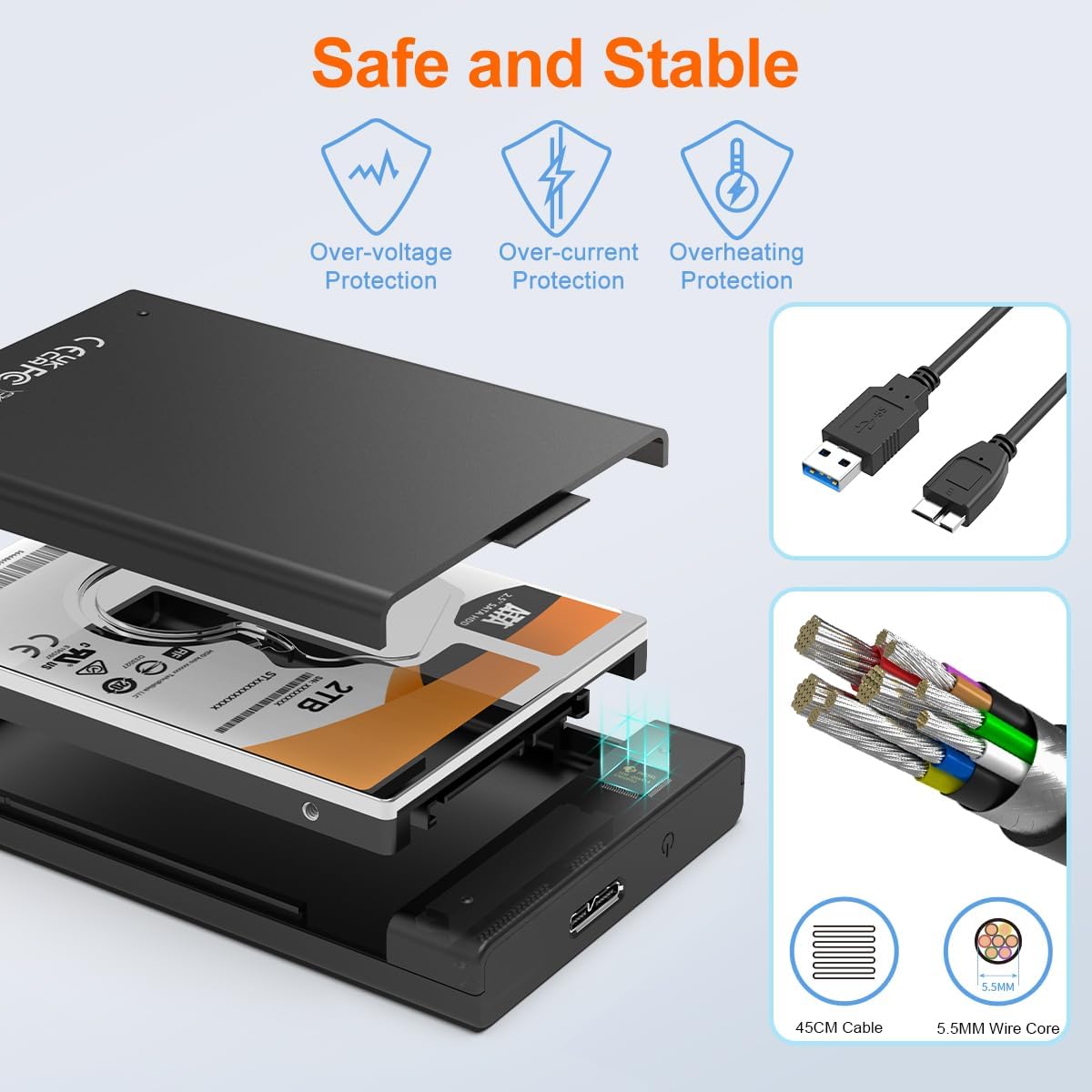 MAIWO 2.5” USB 3.0 SATA External SSD HDD Enclosure - Black