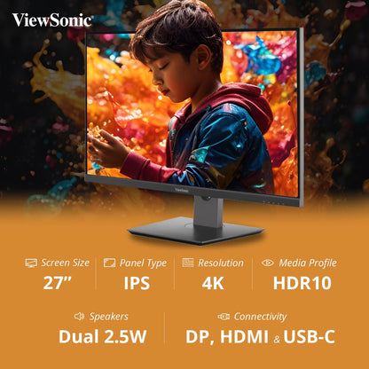 ViewSonic VX2762U-4K 27" 60Hz HDR10 4K UHD IPS HDR10 USB Type-C Monitor with Speakers