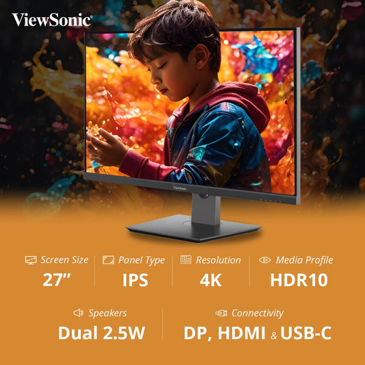 ViewSonic VX2762U-4K 27" 60Hz HDR10 4K UHD IPS HDR10 USB Type-C Monitor with Speakers