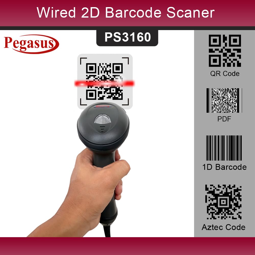 Pegasus PS3160 1D/2D USB Wired Handheld Barcode Scanner - Black