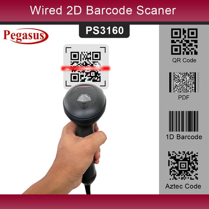 Pegasus PS3160 1D/2D USB Wired Handheld Barcode Scanner - Black