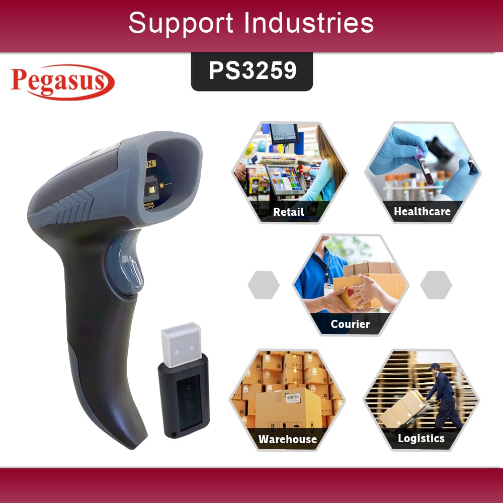 Pegasus PS3259 2D Bluetooth 2.4GHz USB Wireless Barcode Scanner - Black