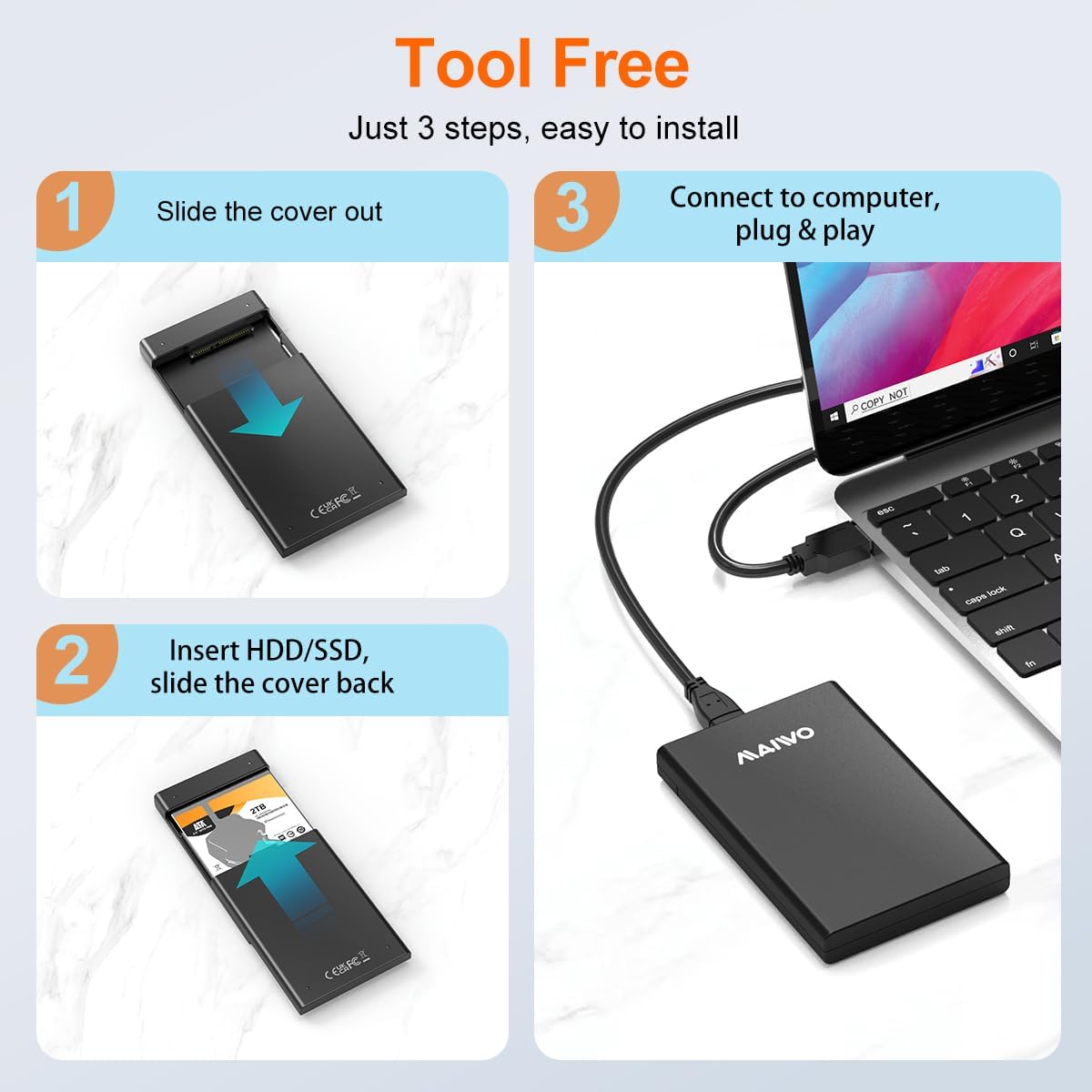 MAIWO 2.5” USB 3.0 SATA External SSD HDD Enclosure - Black