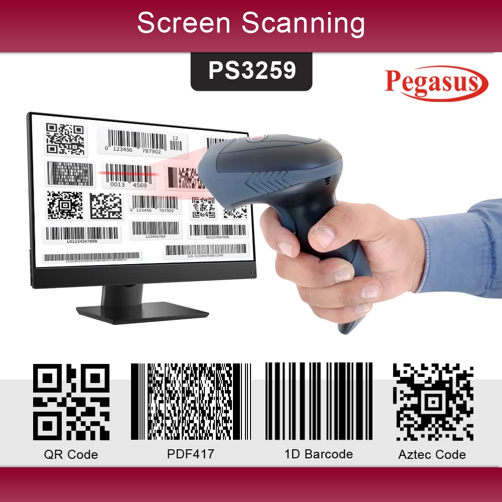 Pegasus PS3259 2D Bluetooth 2.4GHz USB Wireless Barcode Scanner - Black