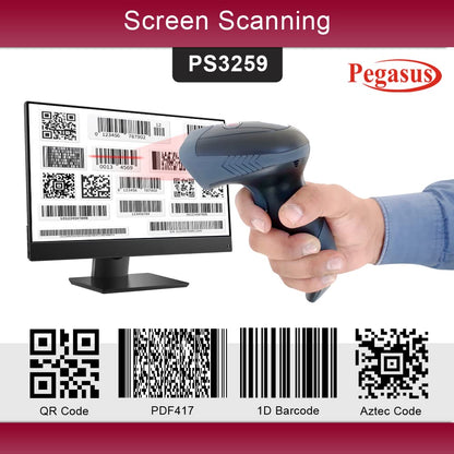 Pegasus PS3259 2D Bluetooth 2.4GHz USB Wireless Barcode Scanner - Black