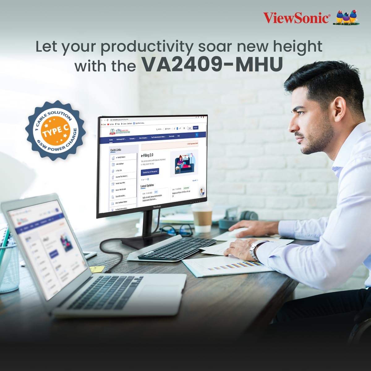 ViewSonic 24 Inch IPS FHD Professional Monitor USB Type-C and 2W Dual Speakers