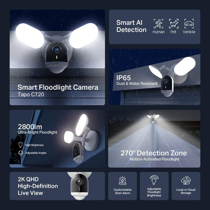 TP-Link Tapo C720 4MP 2K QHD 1440p Smart Floodlight Outdoor Security WiFi Camera - White