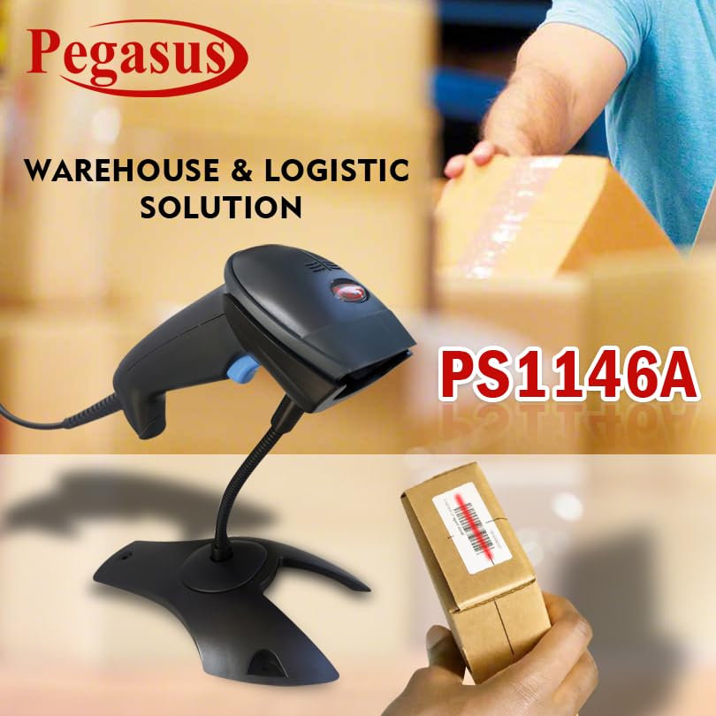 Pegasus PS1146 1D USB Wired Handheld Barcode Scanner with Stand - Black