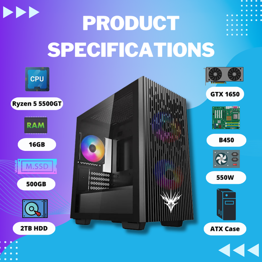 Goshawk Renaissance V5 AMD Ryzen 5 5500GT Desktop PC (Windows 11/GTX1650 GPU/16 GB RAM/500 GB SSD/2TB HDD) with Wired Keyboard and Mouse, 2 Years Warranty