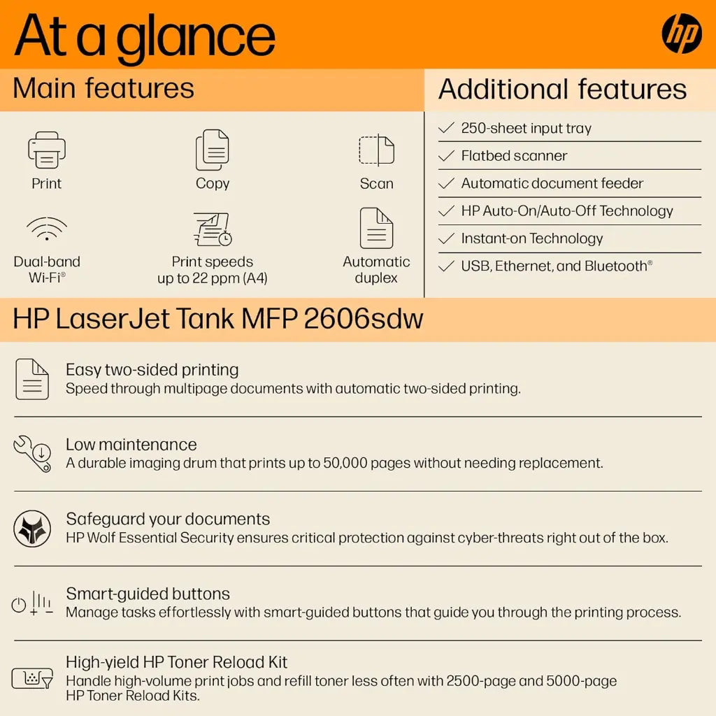 HP LaserJet Tank MFP 2606SDW Wireless Mono Laser Multifunction Printer with ADF and Duplex Printing-tpstech.in