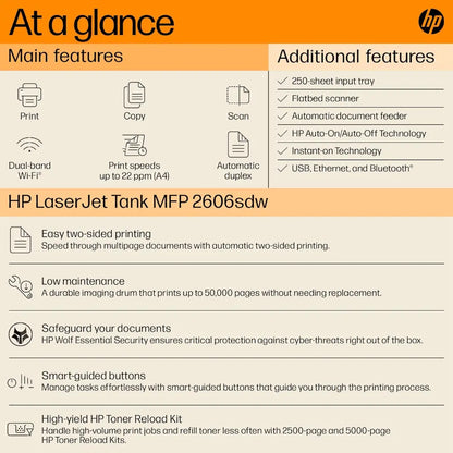 HP LaserJet Tank MFP 2606SDW Wireless Mono Laser Multifunction Printer with ADF and Duplex Printing-tpstech.in