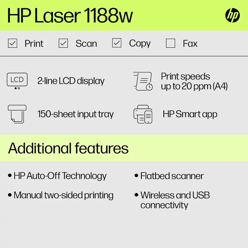 HP Laser MFP 1188w Wireless Monochrome Multifunction (Print,Copy,Scan) Laser Printer-tpstech.in
