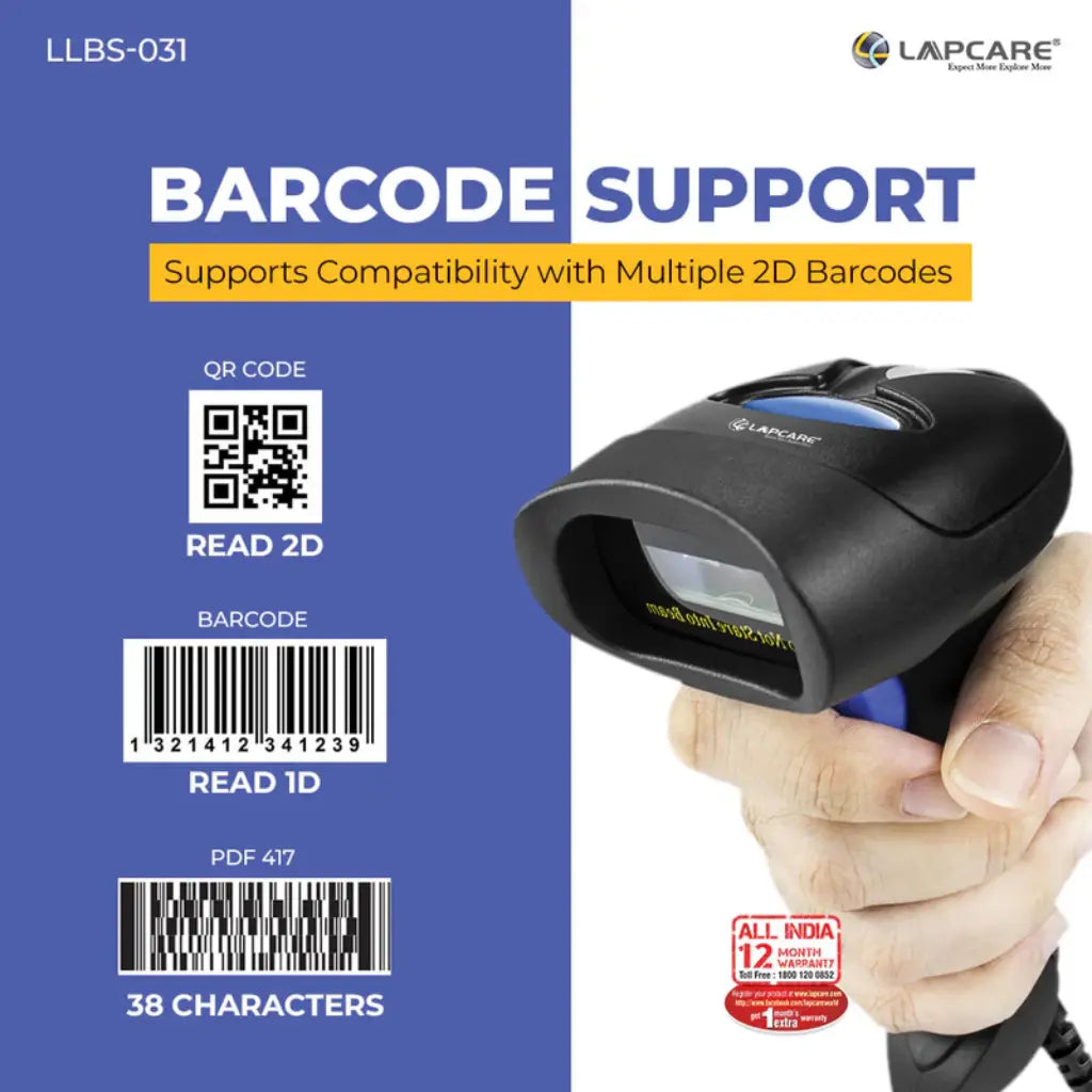 Lapcare LLBS-031 2D Wired CMOS Barcode Scanner USB Plug and Play-tpstech.in