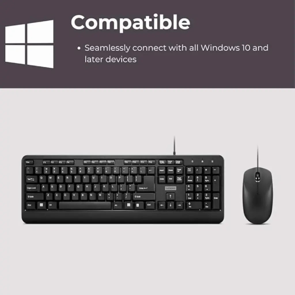 Lenovo 160 1600 DPI USB-A Wired Keyboard & Mouse Combo - Black-tpstech.in