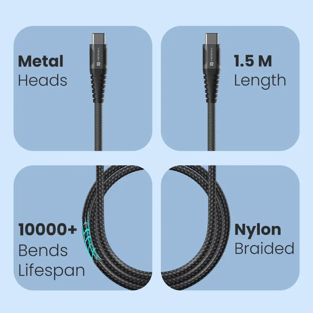 Portronics Flash C POR 2647 100W Type C to Type C Cable 20Gbps Data Transfer 1.5M-tpstech.in
