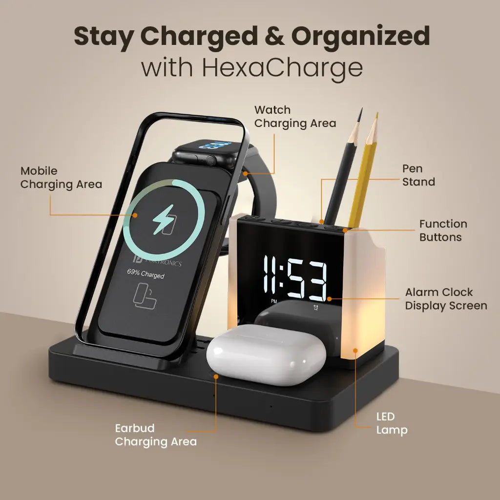 Portronics Hexacharge POR 2128 6‑in‑1 15W Fast Wireless Charging Station with Digital Alarm Clock-tpstech.in