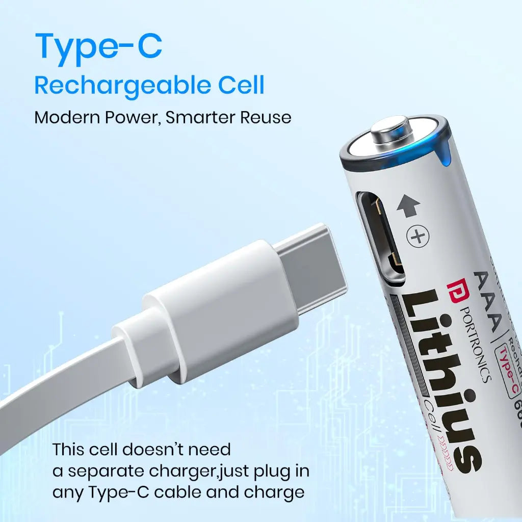 Portronics Lithius Cell AAA USB C Rechargeable Lithium Ion Battery 440mAh with LED Indicator-tpstech.in