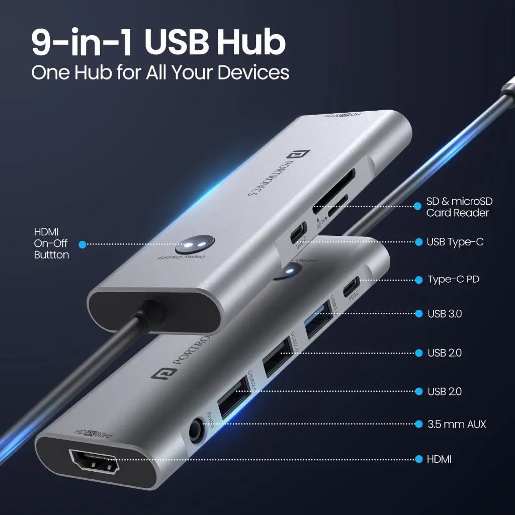 Portronics Mport One POR 2349 9 in 1 USB C Hub with 4K 60Hz HDMI-tpstech.in