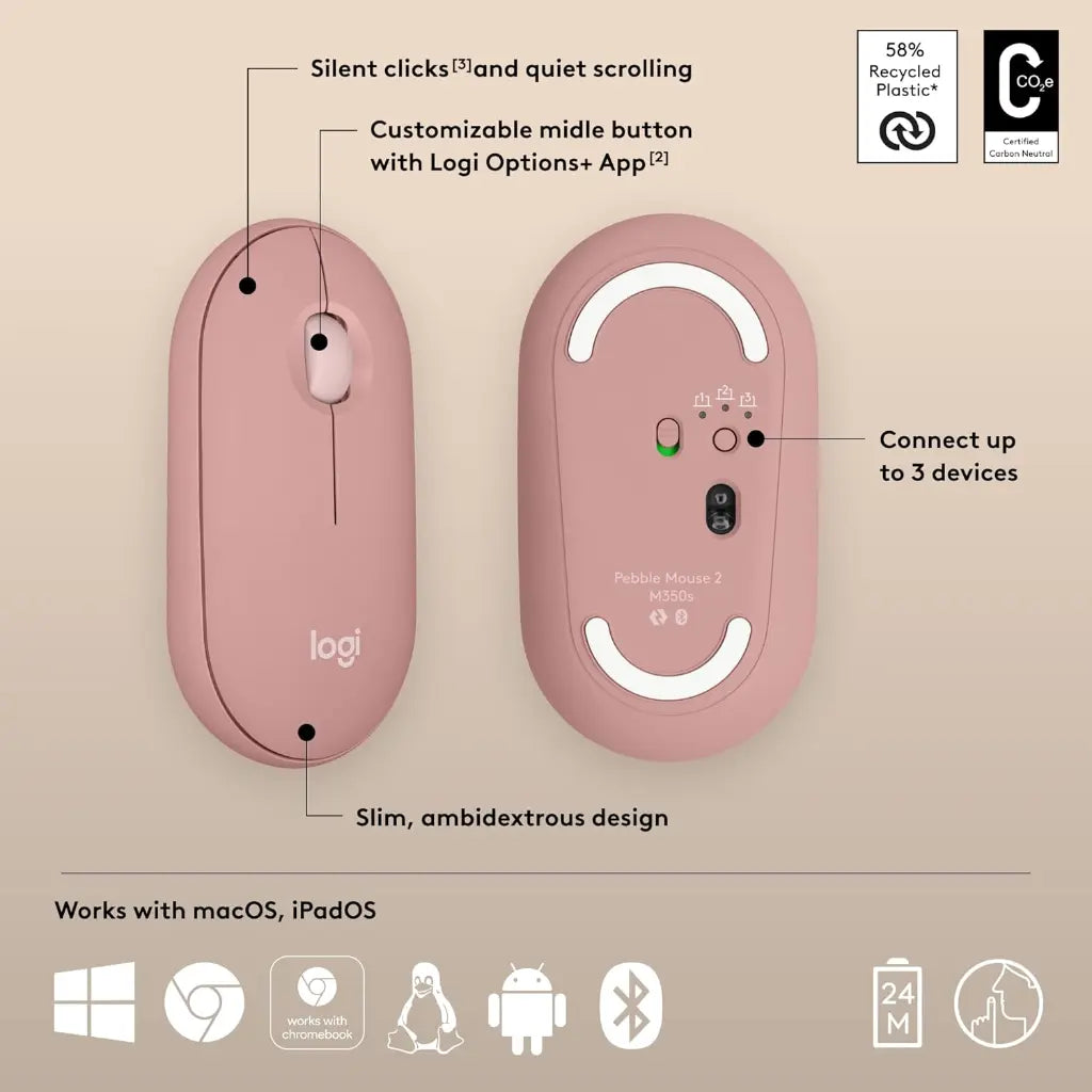 Logitech Pebble Mouse 2 M350s Multi Device Bluetooth Wireless Mouse - Rose