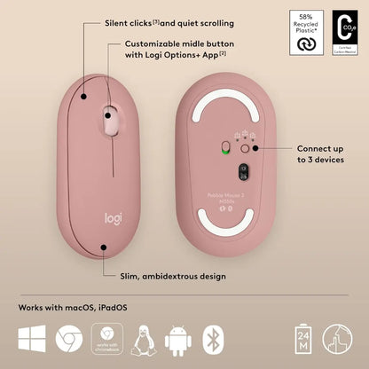 Logitech Pebble Mouse 2 M350s Multi Device Bluetooth Wireless Mouse - Rose