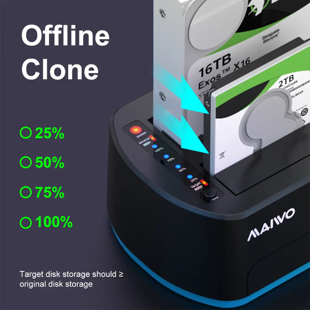 MAIWO K3062B Dual Bay USB 3.0 to SATA Docking Station with RGB 32TB Capacity