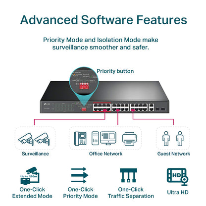 TP-Link TL-SL1226P 24 Port 10/100Mbps + 2-Port Gigabit Unmanaged PoE+ Switch