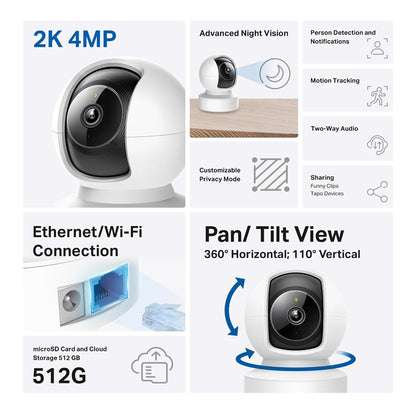 TP-Link Tapo C222 4MP 2K QHD 1440p Pan/Tilt AI Home Security Wi-Fi Camera - White