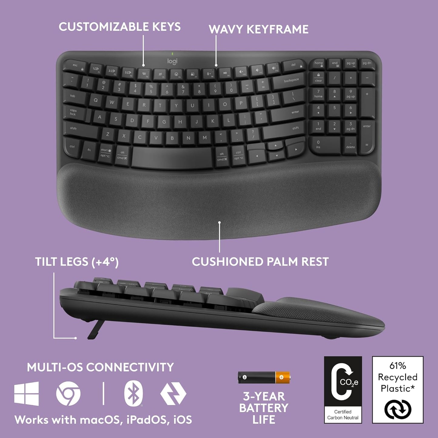 Logitech Ergo Series Wave Keys Wireless Ergonomic Keyboard with Cushioned Palm Rest - Graphite