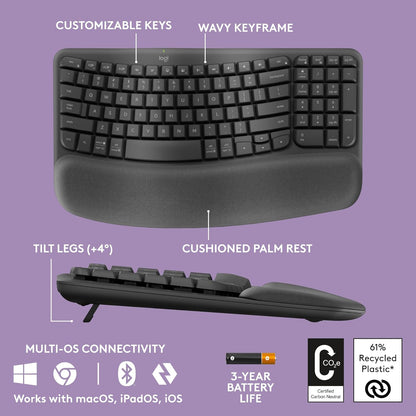 Logitech Ergo Series Wave Keys Wireless Ergonomic Keyboard with Cushioned Palm Rest - Graphite