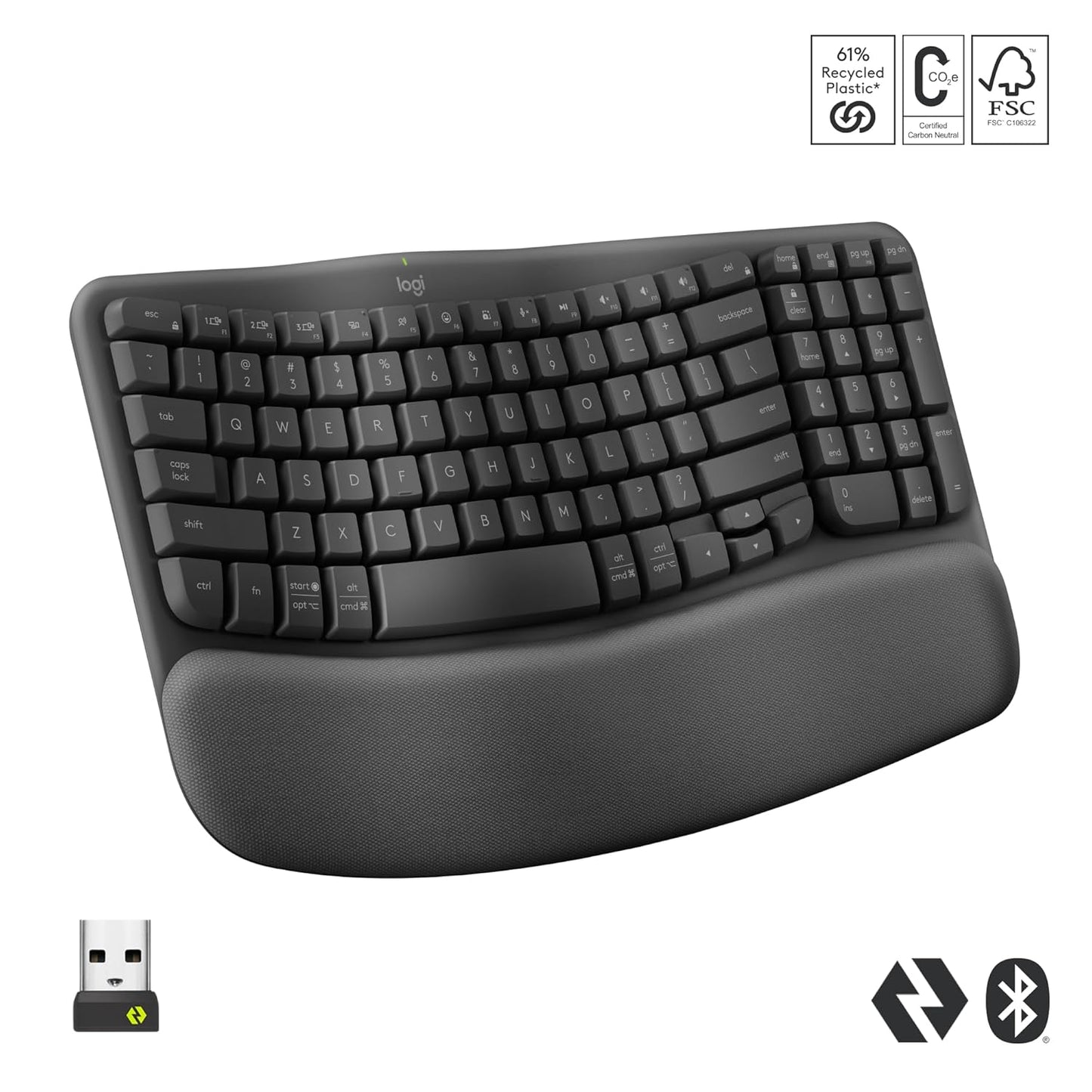 Logitech Ergo Series Wave Keys Wireless Ergonomic Keyboard with Cushioned Palm Rest - Graphite