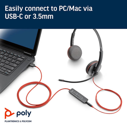 Plantronics Blackwire C3225 USB-C Wired Headphone with Noise Cancelling Boom Microphone