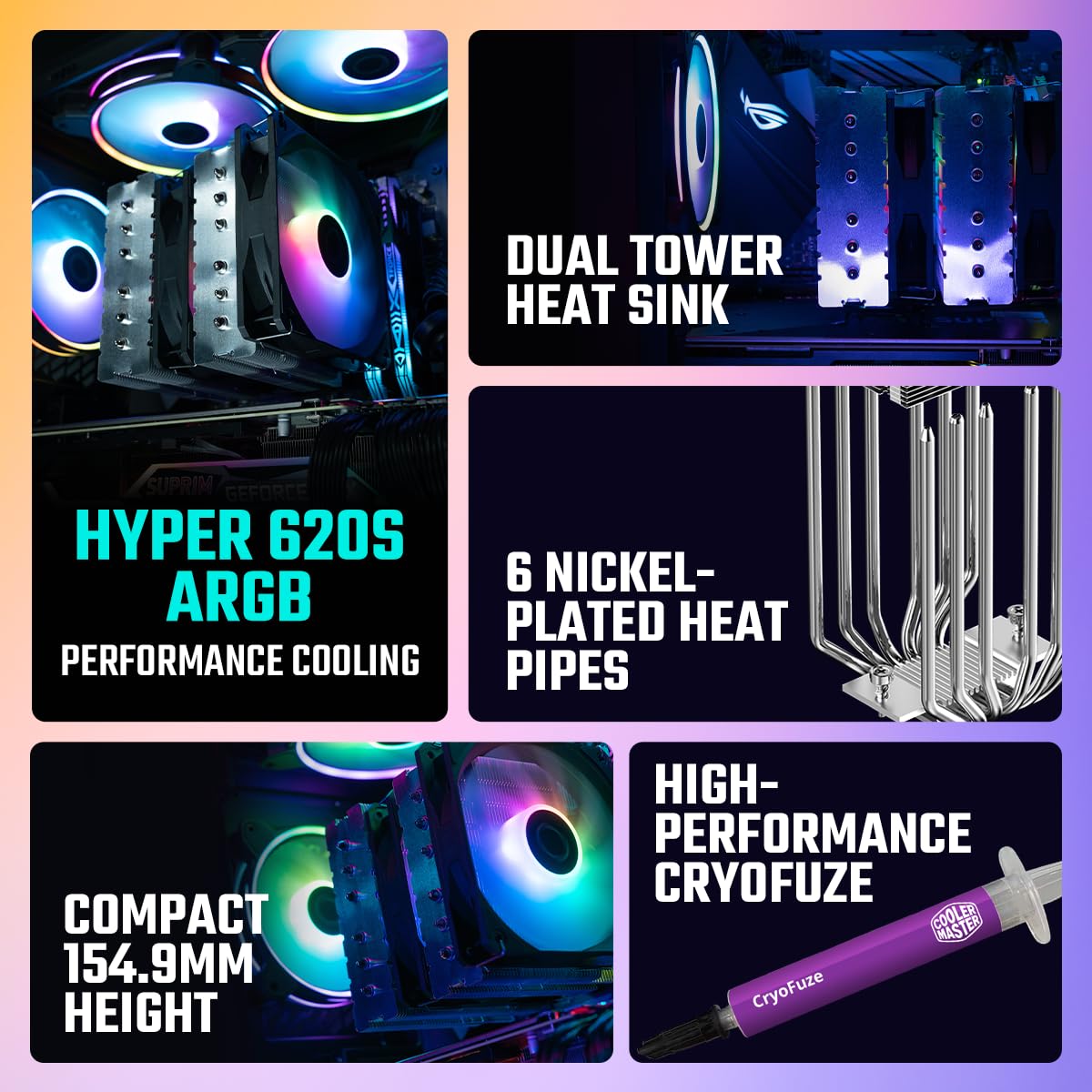 Cooler Master Hyper 620S ARGB Sync 120mm Dual Tower CPU Air Cooler - Black