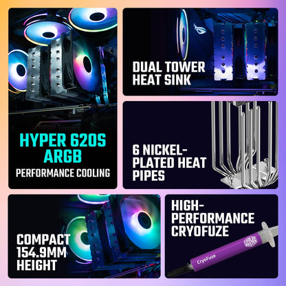 Cooler Master Hyper 620S ARGB Sync 120mm Dual Tower CPU Air Cooler - Black