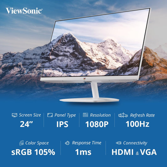ViewSonic 24 Inch Full HD IPS 100Hz AMD Free Sync 1080p IPS White Monitor with Frameless Design