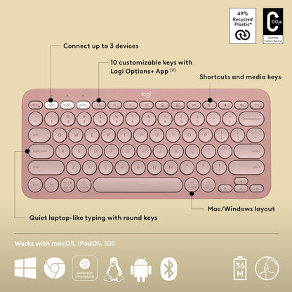 Logitech Pebble Keys 2 K380s Multi Device Bluetooth Wireless Keyboard - Tonal Rose