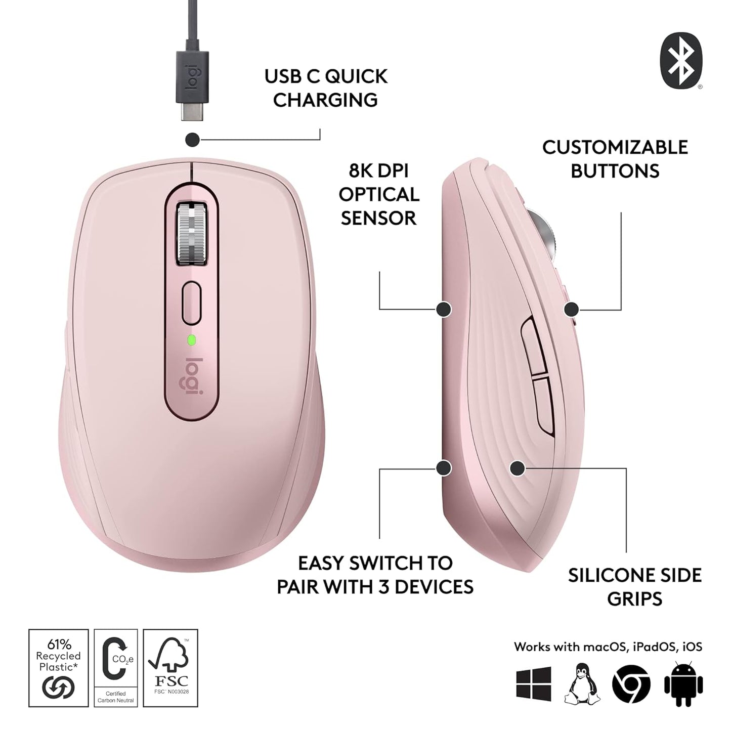 Logitech Master Series MX Anywhere 3S 8000 DPI Compact Wireless Mouse - Rose