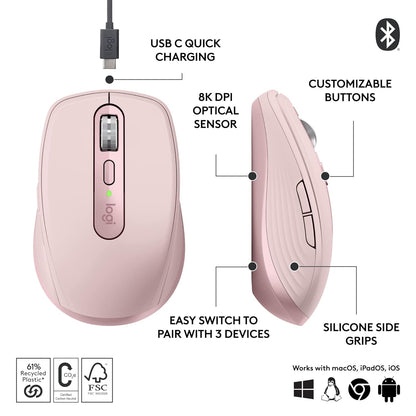 Logitech Master Series MX Anywhere 3S 8000 DPI Compact Wireless Mouse - Rose