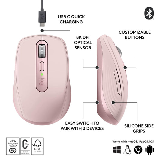 Logitech Master Series MX Anywhere 3S 8000 DPI Compact Wireless Mouse - Rose