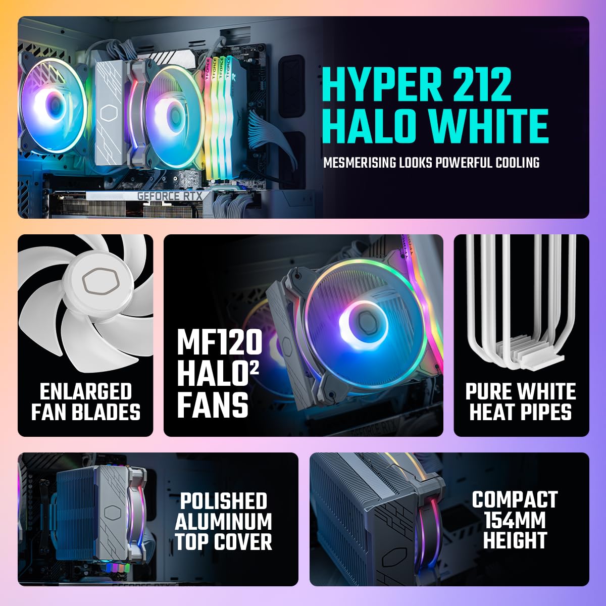 Cooler Master Hyper 212 Halo White ARGB CPU Cooler - 120mm Fan