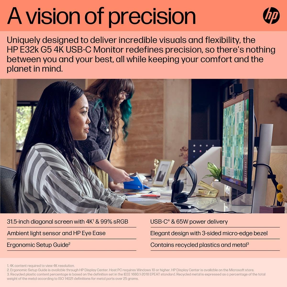 HP E32K G5 31.5" 2160p 4K UHD IPS Panel 99% sRGB Eye Ease USB-C Monitor with Speakers
