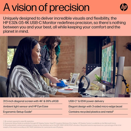 HP E32K G5 31.5" 2160p 4K UHD IPS Panel 99% sRGB Eye Ease USB-C Monitor with Speakers