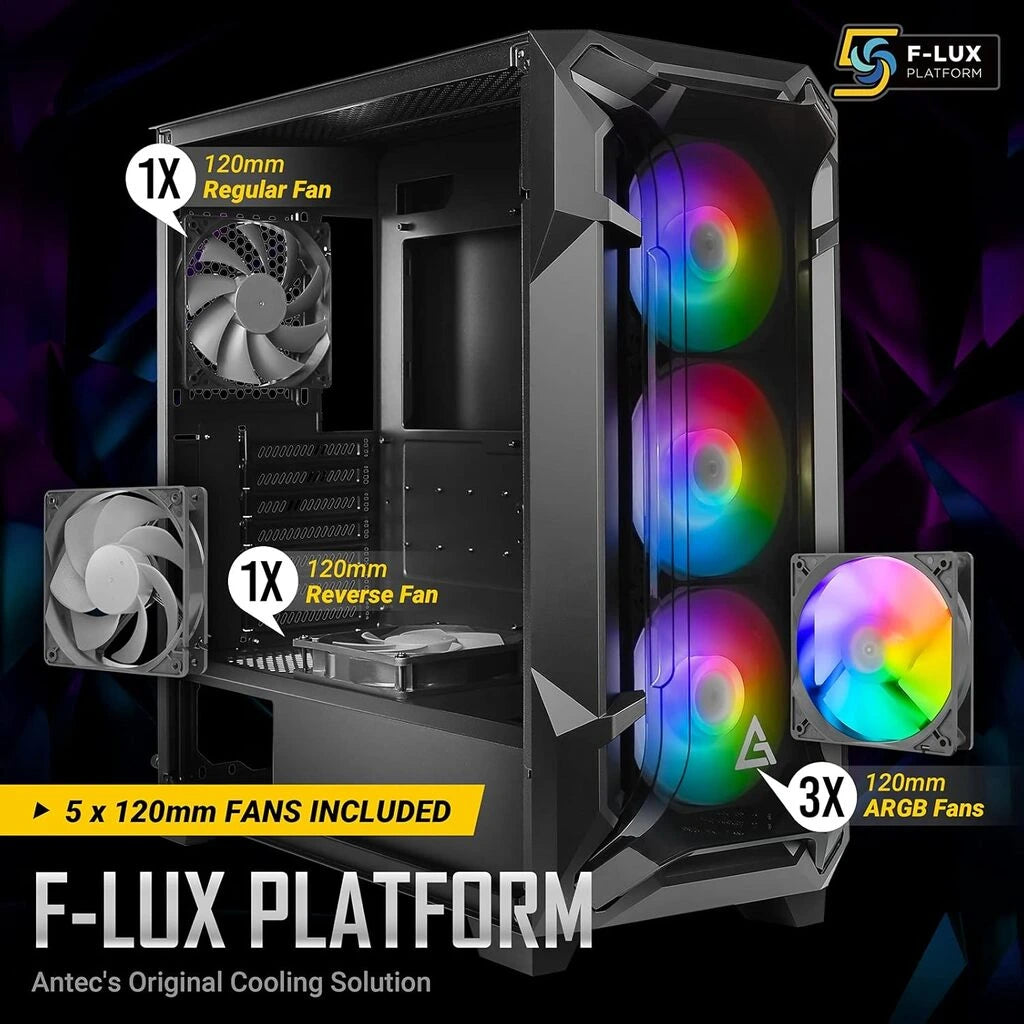 Antec DF600 Flux ARGB Tempered Glass Side Panel ATX Mid Tower Gaming Cabinet - Black