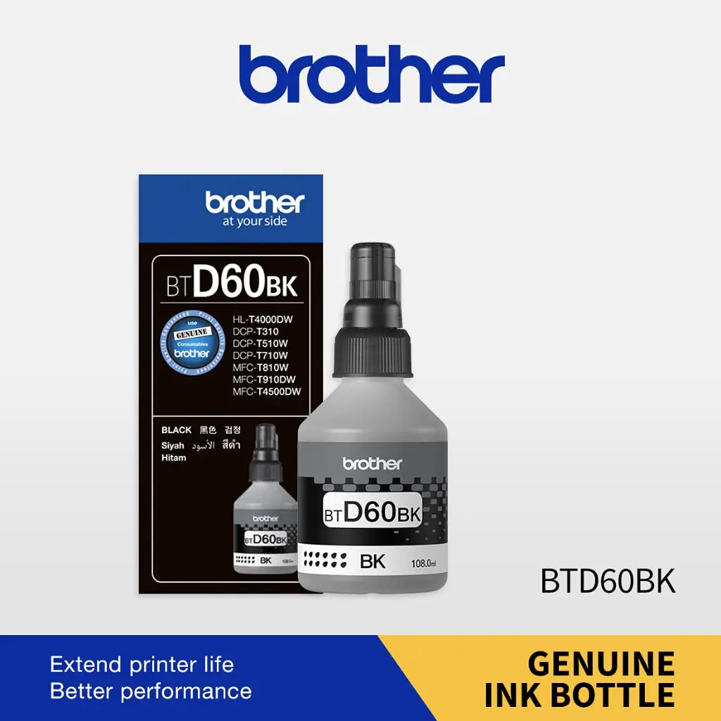 Brother BT‑D60BK Original Black Ink Bottle 108ml Ultra High Yield Ink Refill for Brother DCP‑T & MFC‑T Series Printers-tpstech.in