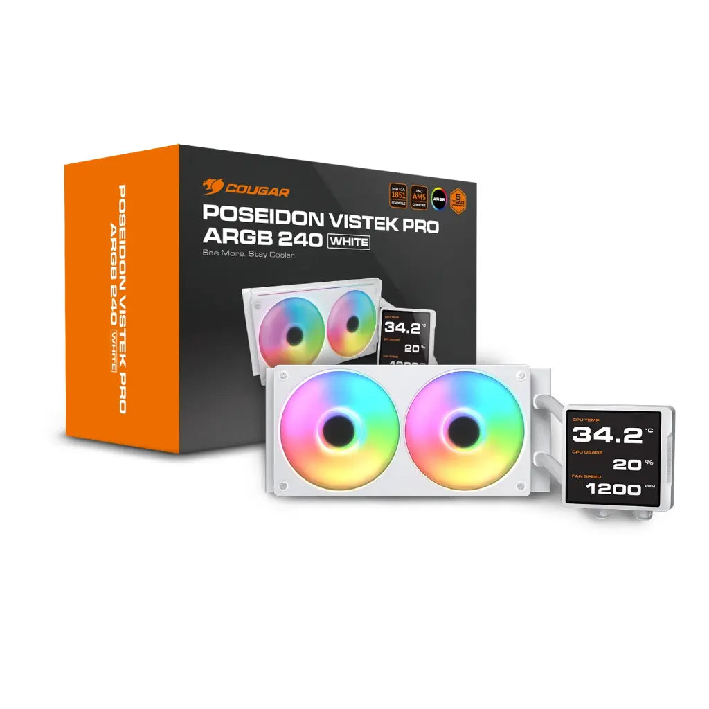 Cougar Poseidon Vistek Pro ARGB 360mm Liquid Cooler with 3.95 Inch IPS LCD Display - White-tpstech.in