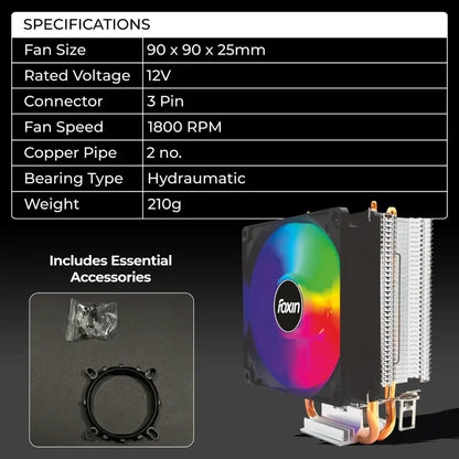 Foxin FCF 003 90mm RGB CPU Cooling Fan 1800 RPM 2 Copper Heat Pipes-tpstech.in