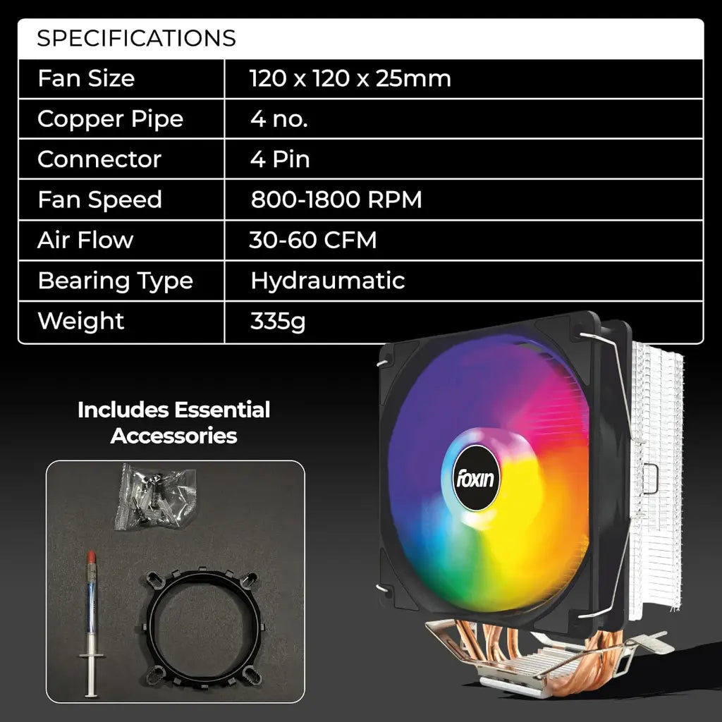Foxin FCF 004 120mm RGB CPU Cooling Fan 1800 RPM 4 Copper Heat Pipes-tpstech.in