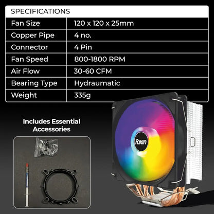 Foxin FCF 004 120mm RGB CPU Cooling Fan 1800 RPM 4 Copper Heat Pipes-tpstech.in