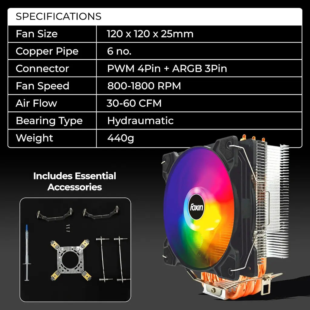 Foxin FCF 005 120mm RGB CPU Cooler with 6 Copper Heat Pipes-tpstech.in