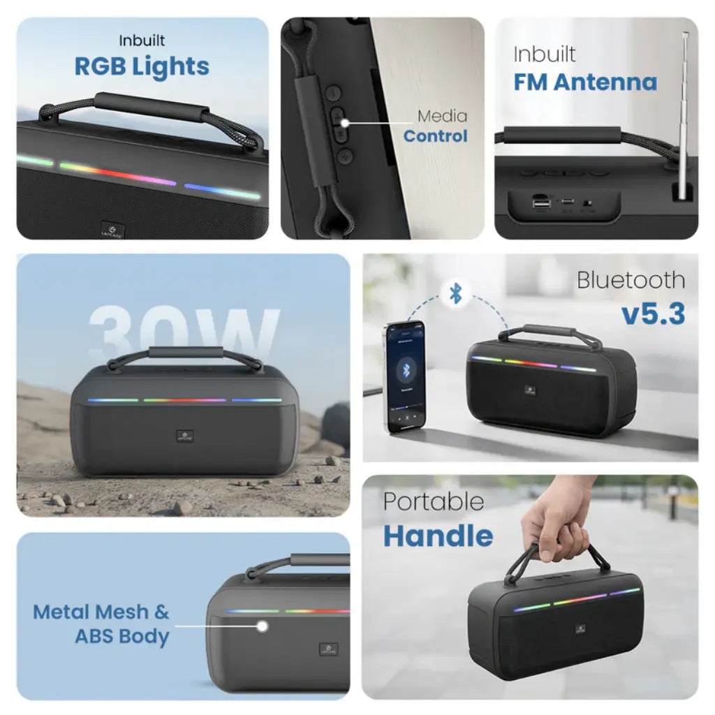 Lapcare Roxx 30W Portable Party Speaker with RGB Lights TWS Function 8H Playtime-tpstech.in